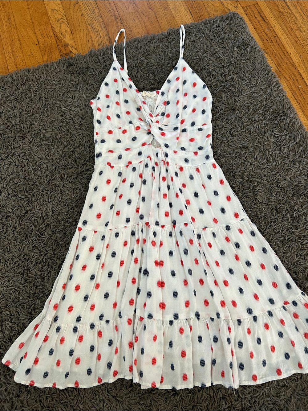 Sam & Sam White Polka Dot Spaghetti Strap Dress - Red & Navy Dots Size Medium